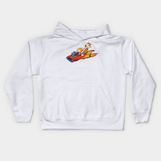 Calvin and Hobbes Riding a Car Kids Hoodie by soggyfroggie